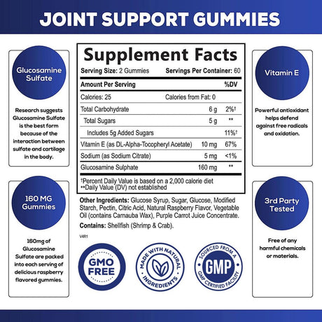 Joint Support Supplement - Extra Strength Glucosamine Joint Support Gummy - Joint Health Support & Flexibility for Back, Knees, & Hands - Vitamin E for Immune Support for Women & Men - 120 Gummies