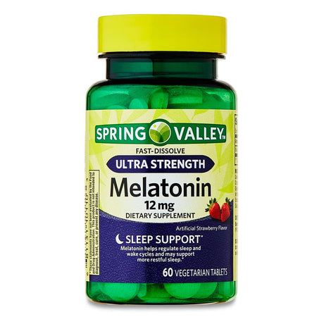 Spring Valley Ultra Strength Melatonin Sleep Support Dietary Supplement Fast-Dissolve Tablets, 12 Mg, 60 Count