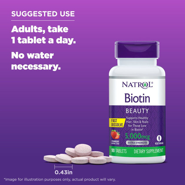 Natrol Biotin Beauty Tablets, Promotes Healthy Hair, Skin and Nails, 5000 Mcg, 90 Count