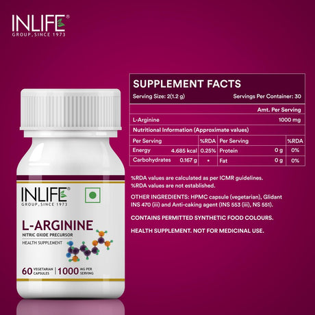 INLIFE L-Arginine 1000Mg Supplement (Pack of 60 Vegetarian Capsules) Serving, Nitric Oxide Precursor