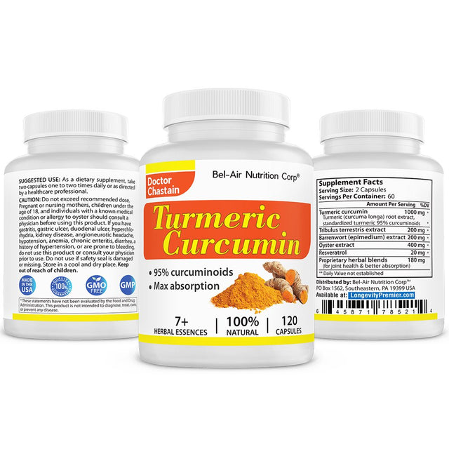 Bel-Air Turmeric Curcumin 1000Mg, 95% Curcuminoids with Black Pepper and Herbal Extracts (120 Capsules) for Best Absorption