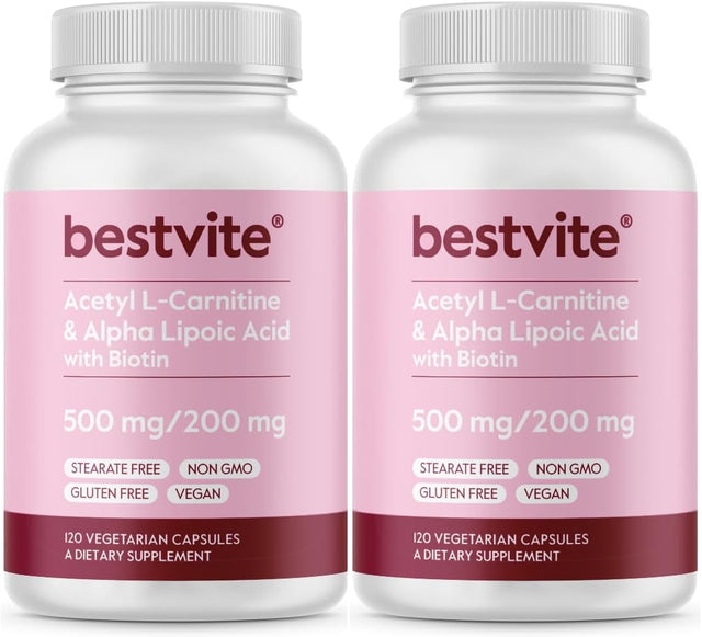 BESTVITE Acetyl L-Carnitine 500Mg & Alpha Lipoic Acid 200Mg per Capsule with Biotin (240 Vegetarian Capsules) (120 X 2) - No Stearates - Vegan - Non GMO - Gluten Free