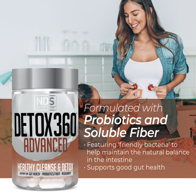 NDS Nutrition Detox 360 Advanced - Complete Cleanse & Detox with Probiotics & Fiber to Support Gut Health & Wellness, Bowel Movements, Regularity & Digestive Function & Remove Toxins (60 Capsules)