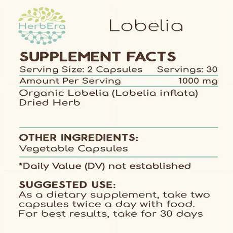 Lobelia 60 Capsules, 500 Mg, Responsibly Farmed Organic Lobelia (Lobelia Inflata) Dried Herb