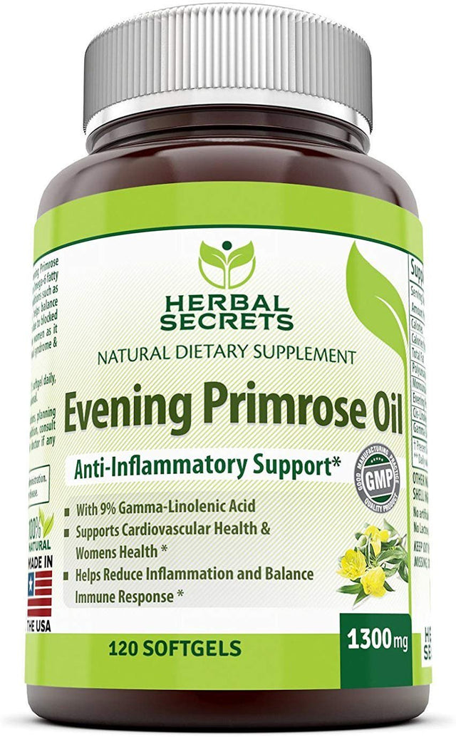 Herbal Secrets Evening Primrose Oil Supplement - High Potency- Contain 9% Gamma Linoleic - 1300Mg per Softgels - 120 Easy to Swallow Softgels per Bottle