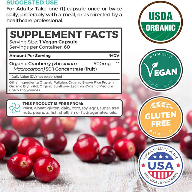 Pure Co Organic Cranberry Pills (50:1 Concentrate) - 500Mg Is Equivalent to 25,000Mg Fresh Cranberries - for Kidney Cleanse & UTI Support Vitamins - Fruit Extract Supplement, 60 Capsules