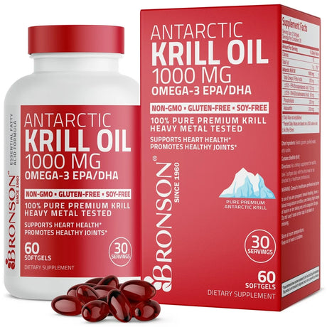 Bronson Pure Premium Antarctic Krill Oil 1000Mg W/ Omega-3S, Astaxanthin - Heavy Metal Tested Non-Gmo, 60 Softgels (30 Servings)