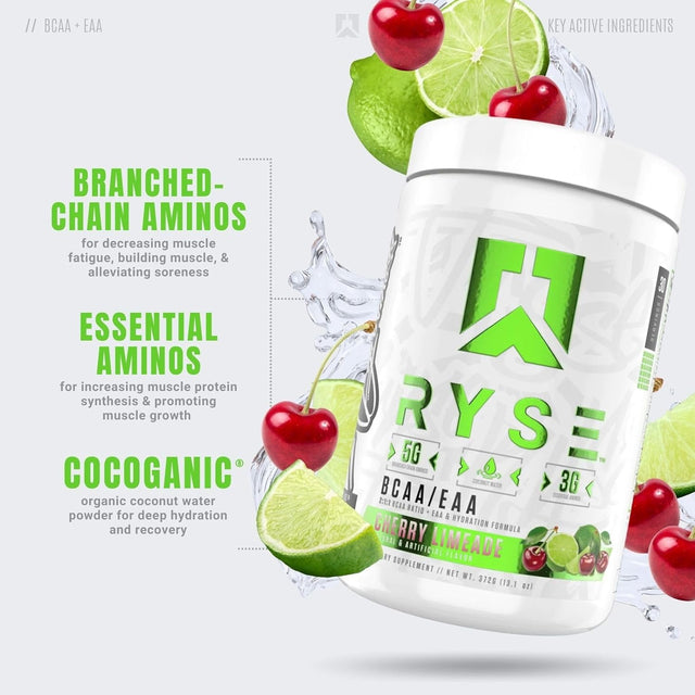 Ryse Core Series BCAA+EAA | Recover, Hydrate, and Build | with 5G Branched Chain Aminos and 3G Essential Aminos | 30 Servings (Cherry Limeade)