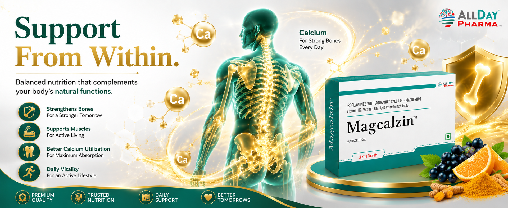ALLDAY PHARMA Magcalzin Tablets | Multivitamins | Dietary (30 Tablets) with Mineral and Vitamins Help in Bone health, Muscle Health, Heart Health | for Men & Women