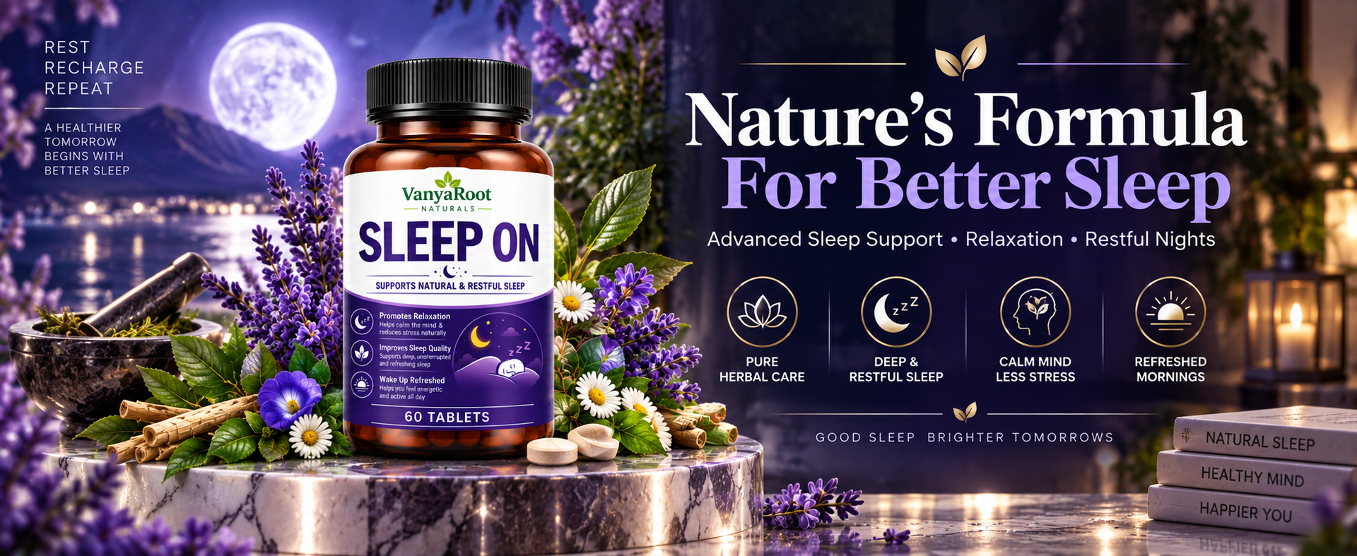 VanyaRoot Naturals Sleep On Tablets for Restful Sleep & Relaxation | Supports Deep Sleep, Stress Relief & Calm Mind | Herbal Sleep Support Supplement | Non-Habit Forming | 60 Tablets (Pack of 1)