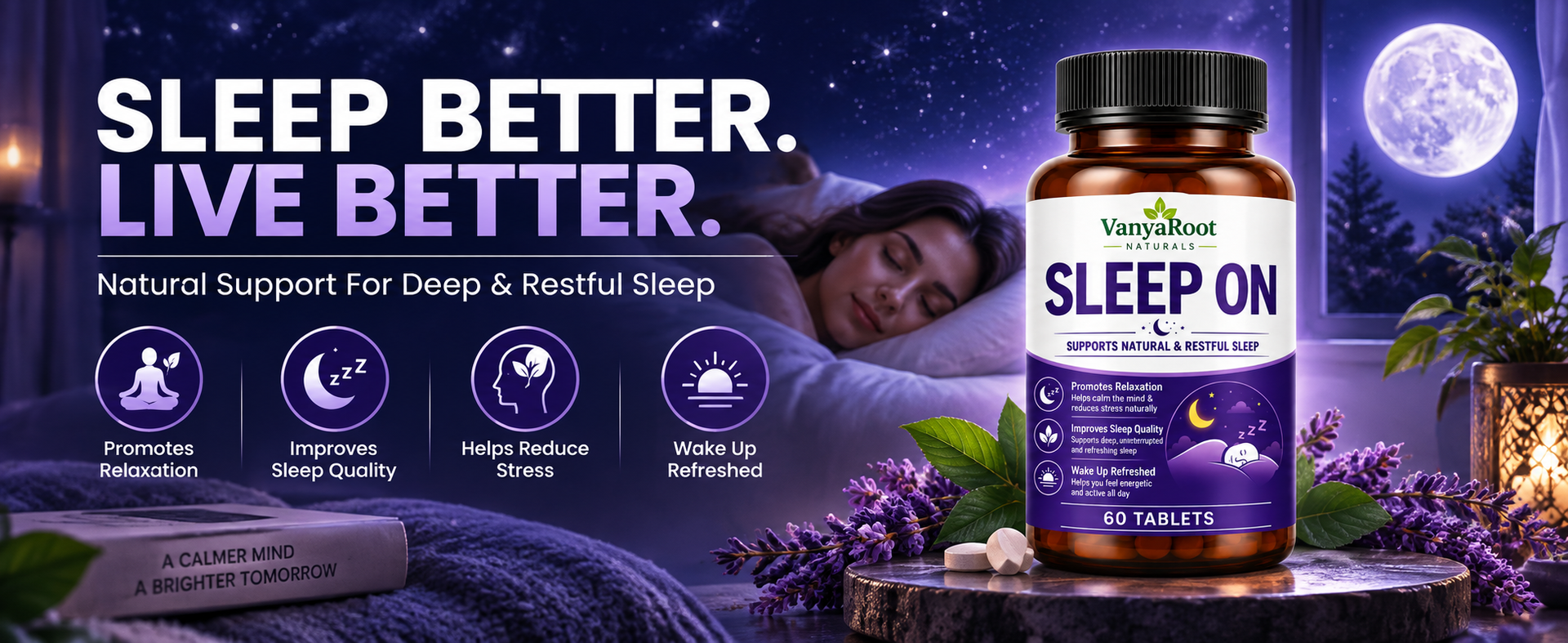 VanyaRoot Naturals Sleep On Tablets for Restful Sleep & Relaxation | Supports Deep Sleep, Stress Relief & Calm Mind | Herbal Sleep Support Supplement | Non-Habit Forming | 60 Tablets (Pack of 1)