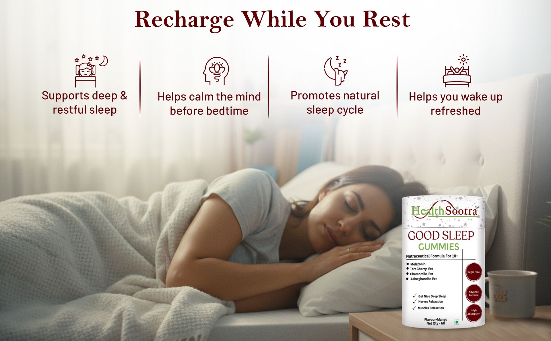 Melatonin 5mg Sleep Gummies for Adults | 60 Gummies | Mango Flavour | Sugar Free Supplement with Melatonin, Chamomile, Tart Cherry & Ashwagandha Extract | Chewable Gummy for Night Routine