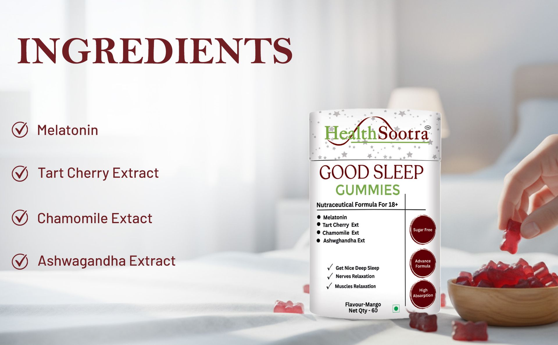 Melatonin 5mg Sleep Gummies for Adults | 60 Gummies | Mango Flavour | Sugar Free Supplement with Melatonin, Chamomile, Tart Cherry & Ashwagandha Extract | Chewable Gummy for Night Routine