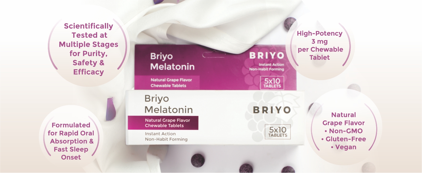 Briyo Melatonin 3 mg Natural grape flavoured Chewable Tablets - Fast-Acting Quick Dissolve Night time Relaxation & Restful Sleep Support - Sleep Aid - 50 Chewables pack