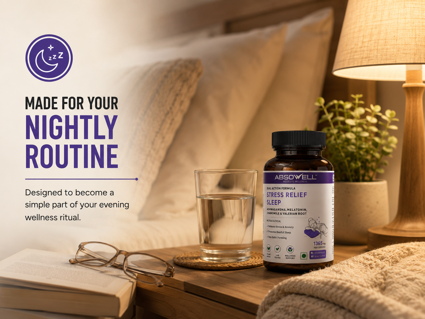 Stress & Sleep Relief | 60 Veg Capsules | Ashwagandha 300mg, L-Theanine 200mg, Valerian, Chamomile & Melatonin 3mg | Natural Non-Habit Forming Sleep Aid & Stress Relief Supplement