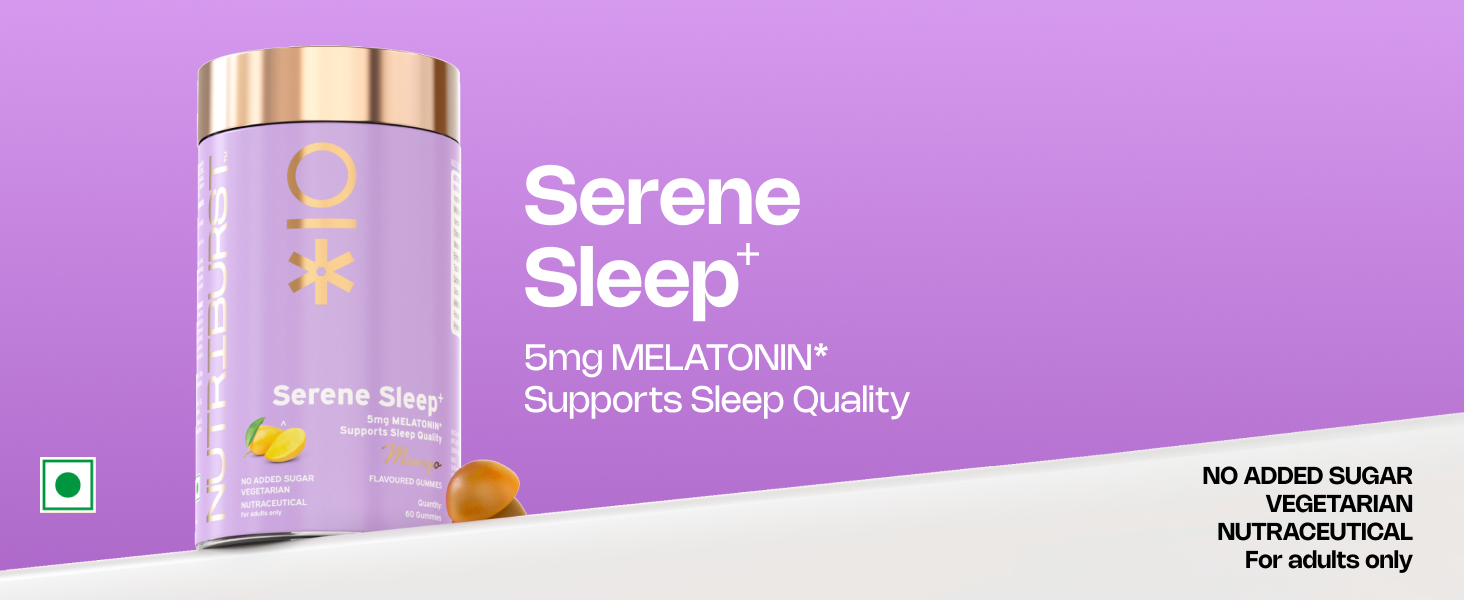 Nutriburst Serene Sleep 5MG Melatonin Gummies for Quality Deep Sleep, Fresh Wake Up | No Stress & Anxiety | Natural Non-Addictive, Non Habit Forming, No Added Sugar Sleep-Aid | Mango Flavor (60 Gummy)