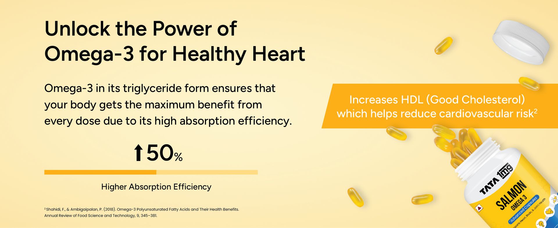 Tata 1mg Salmon Omega 3 Fish Oil Supplements 1000mg - 60 Capsules |Tryglycride form | 180mg EPA & 120mg DHA | High Absorption for Heart,Brain & Joints | Helps Manage Cholesterol
