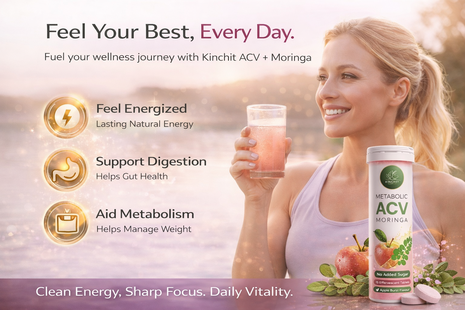 Apple Cider Vinegar (ACV) Effervescent Tablets with Moringa, Vitamin B6 & B12 | No Added Sugar, Stevia Sweetened | Apple Flavour | 30 Tablets (Pack of 2)