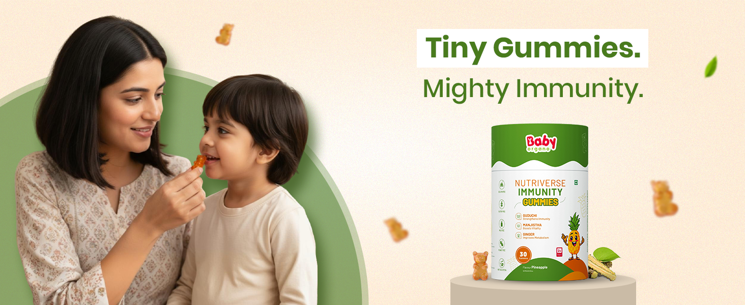 BabyOrgano Ayurvedic Immunity Gummies for Kids 2+ Yrs | 95% Curcumin Amla Guduchi Giloy & Manjistha | Immunity Booster | Gelatin & Gluten Free | FSSAI Approved | Pineapple Flavour | 30 Gummies
