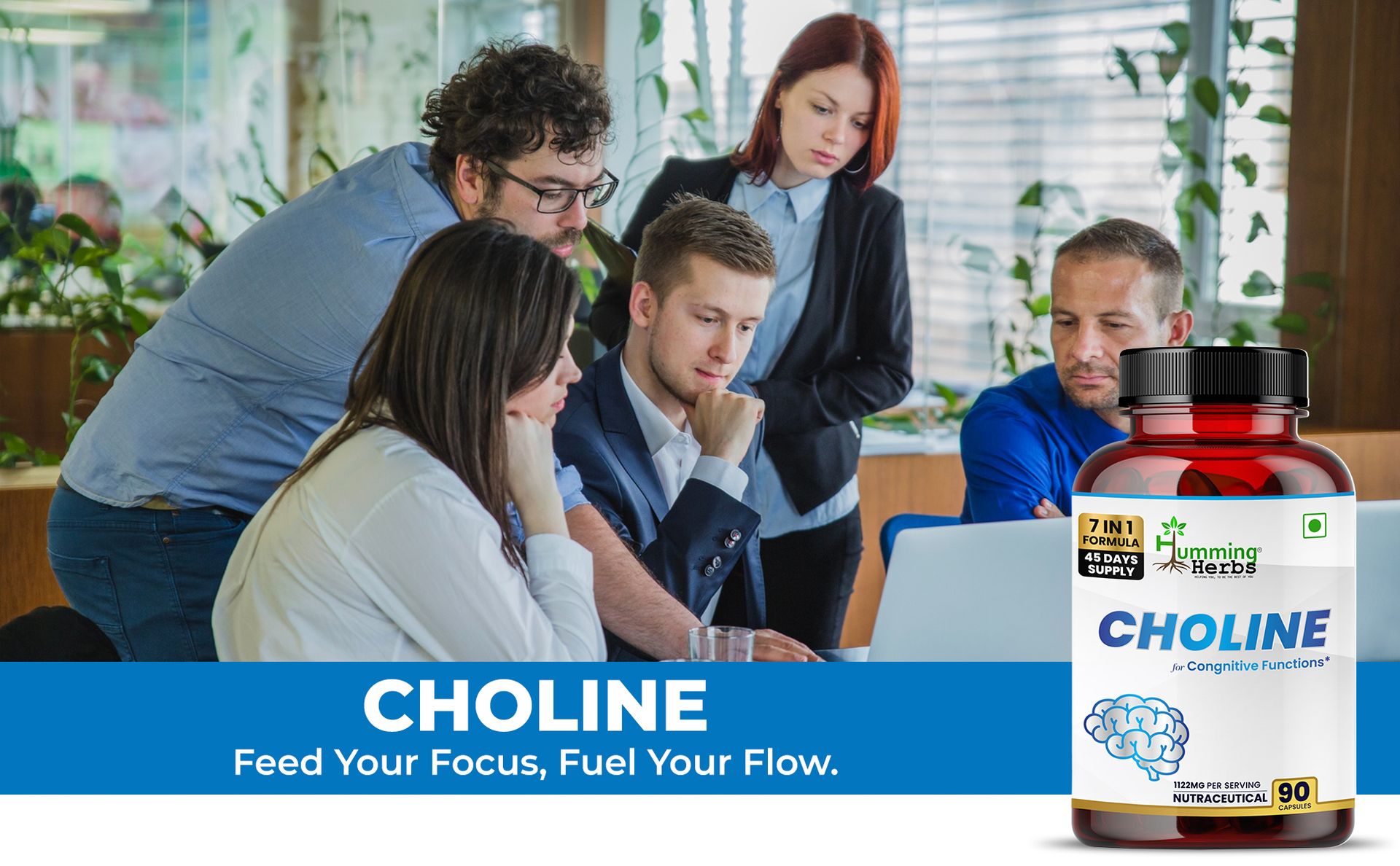 Humming Herbs Choline 1122mg with Bacopa, Ginkgo, Phosphatidylserine, L-Theanine & B6 | 7-in-1 Cognitive Support Formula | 90 Veg Capsules | 45 Days Supply | Brain Health Supplement