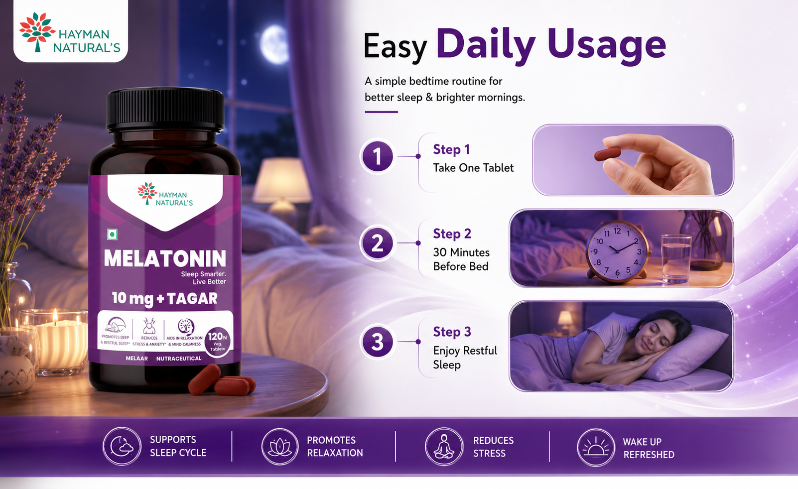 Hayman Natural's Melatonin 10 mg Sleeping Pills with Tagar 250 mg | Sleep Supplement for Men & Women | Melatonin Tablets for Restful Deep Sleep-120 Veg Tablets