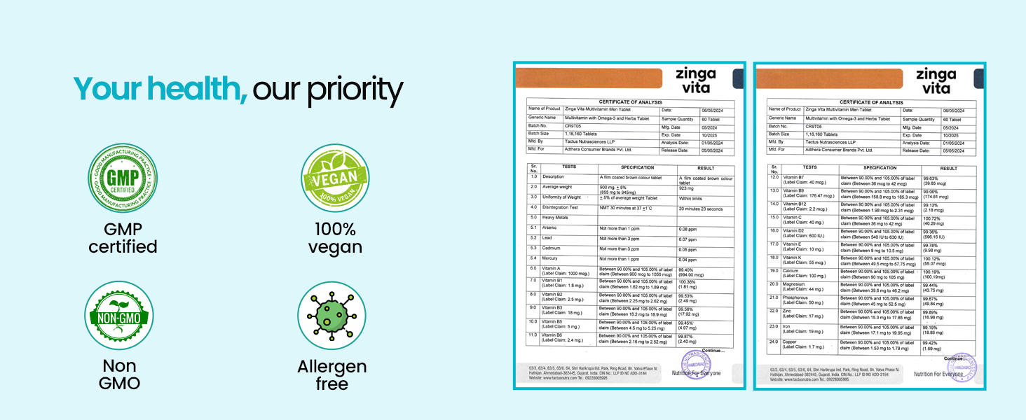 Zingavita Multivitamin for Men with 47 Essential Nutrients | Infused with Multivitamins, Minerals, Omega 3 & Vital Herbs for Energy, Metabolism, Immunity, Stamina & Muscles Recovery – 60 Veg Tablets