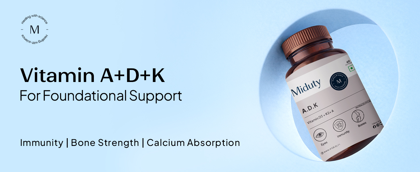 Miduty Vitamin ADK : A D3 K2 Supplements | Boost Immunity, Stronger Bones | Eyes, Immunity, Bones Care - 60 Capsules