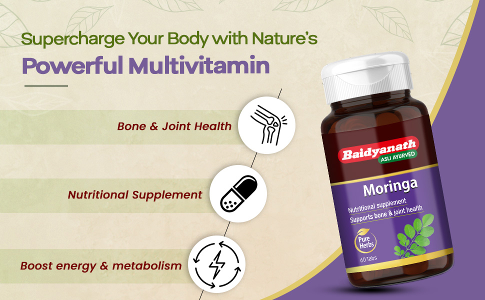 Baidyanath Moringa - 60 Tablets | Gives Natural Energy & Nutrients | Daily Nutrition, Bone & Joint Support, Energy & Metabolism | Pure Moringa Leaf Extract |