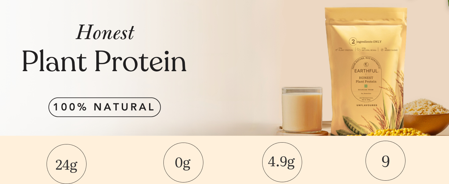 Earthful Honest Plant Protein | 24g Protein/Serving & 4.9g BCAAs | For Weight Management, Energy, Muscle Support & Recovery | Made with Pea & Brown Rice | Unflavoured - 504g