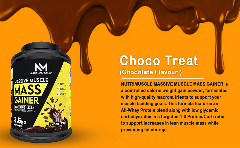 Nutrimuscle Massive Muscle Mass Gainer, 3.5 Kg (Chocolate) – Whey Protein & Complex Carb Blend with Creatine Monohydrate, BCAA, Digestive Enzymes & Multivitamins for Muscle Mass, Strength & Recovery