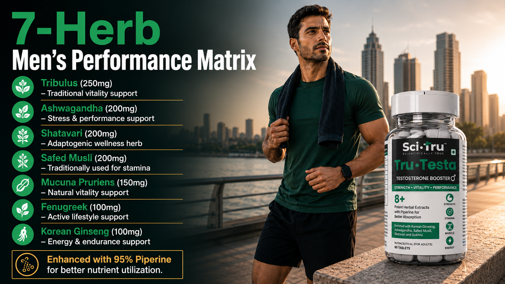 SCI.TRU Tru-Testa Testosterone Booster for Men | 8+ Herbal Extracts with Ashwagandha, Gokhru, Safed Musli & Korean Ginseng | Strength, Stamina & Energy Support | 60 Tablets