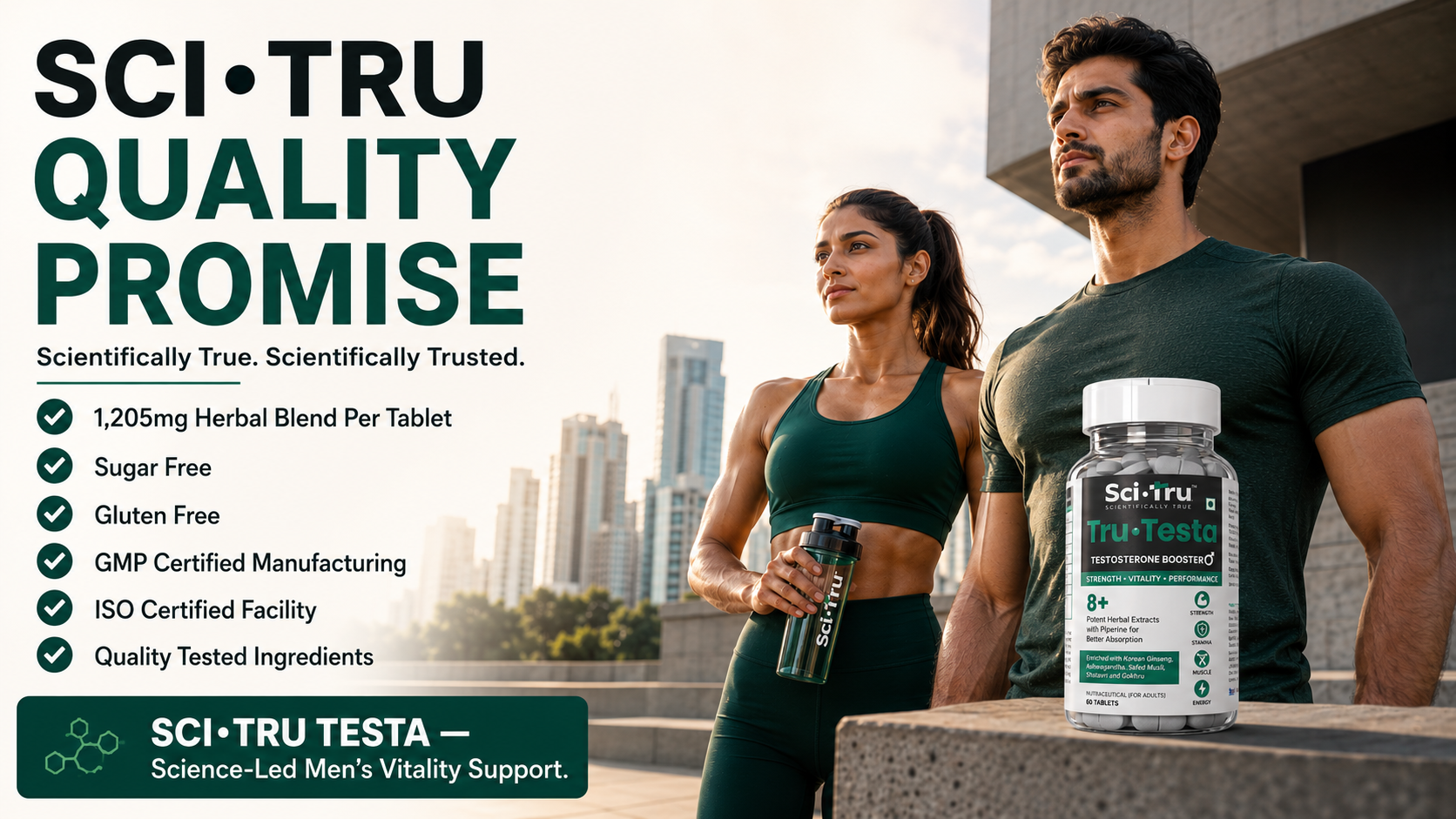 SCI.TRU Tru-Testa Testosterone Booster for Men | 8+ Herbal Extracts with Ashwagandha, Gokhru, Safed Musli & Korean Ginseng | Strength, Stamina & Energy Support | 60 Tablets