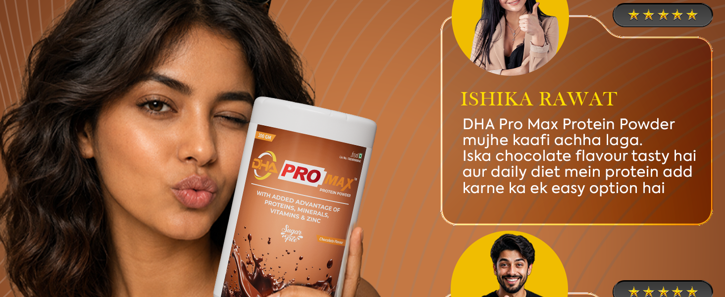 DHA Pro Max Protein Powder Nutritional Drink for Men and Women | Vitamins, Minerals & Zinc | Nutritional Supplement Powder, Protein Contributes to the Growth and Maintenance of Muscle Mass, Sugar Free Chocolate Flavour, 200 gm