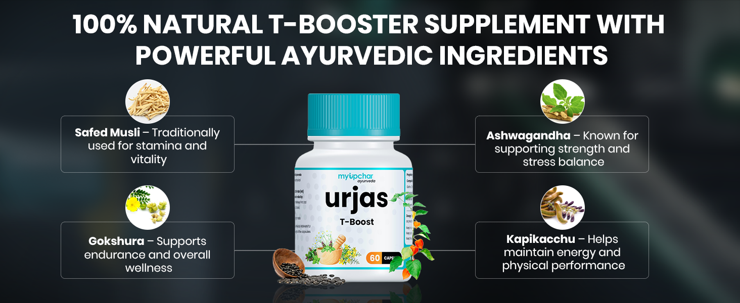 myUpchar Ayurveda Urjas Testosterone Booster Supplement Capsules | With Ashwagandha, Safed Musli, Gokshura & Kapikacchu | For Energy and Stamina Booster, Muscle Growth | Pre & Post Workout Supplement | For Men | 60 Veg Capsules | Pack of 1