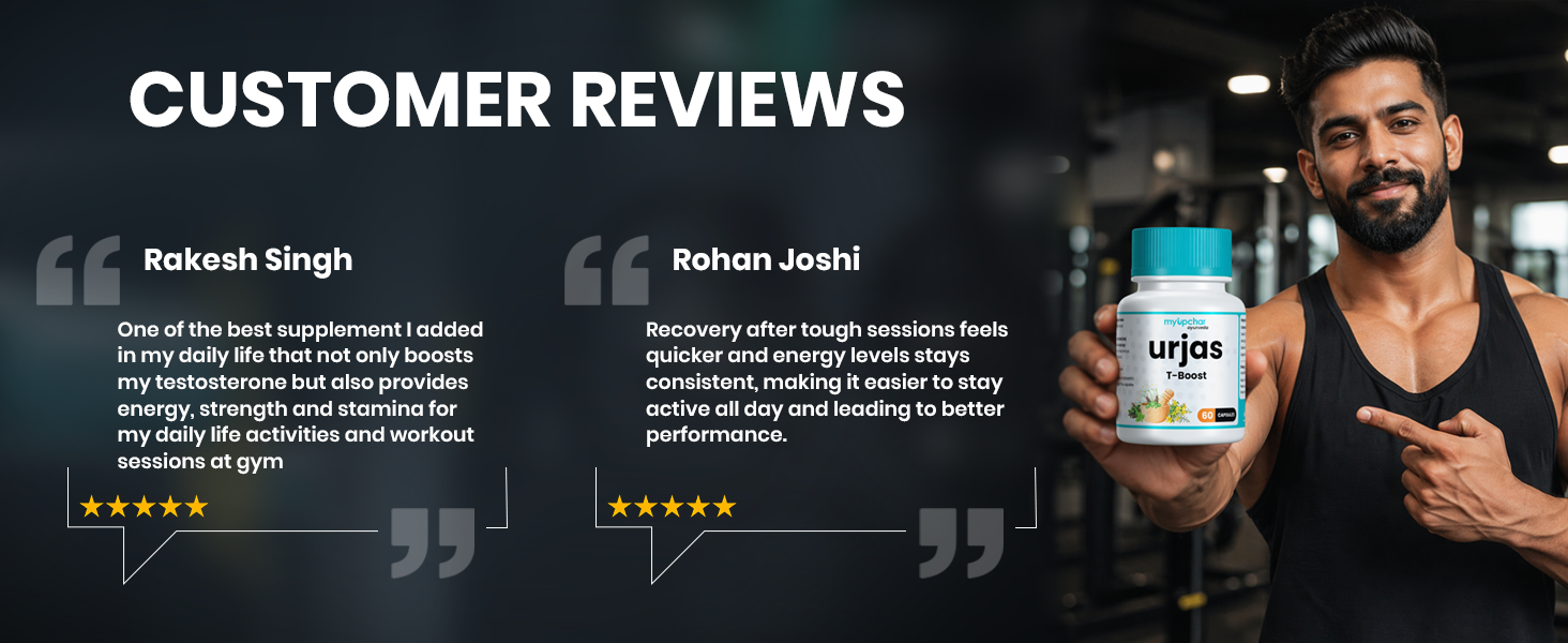 myUpchar Ayurveda Urjas Testosterone Booster Supplement Capsules | With Ashwagandha, Safed Musli, Gokshura & Kapikacchu | For Energy and Stamina Booster, Muscle Growth | Pre & Post Workout Supplement | For Men | 60 Veg Capsules | Pack of 1