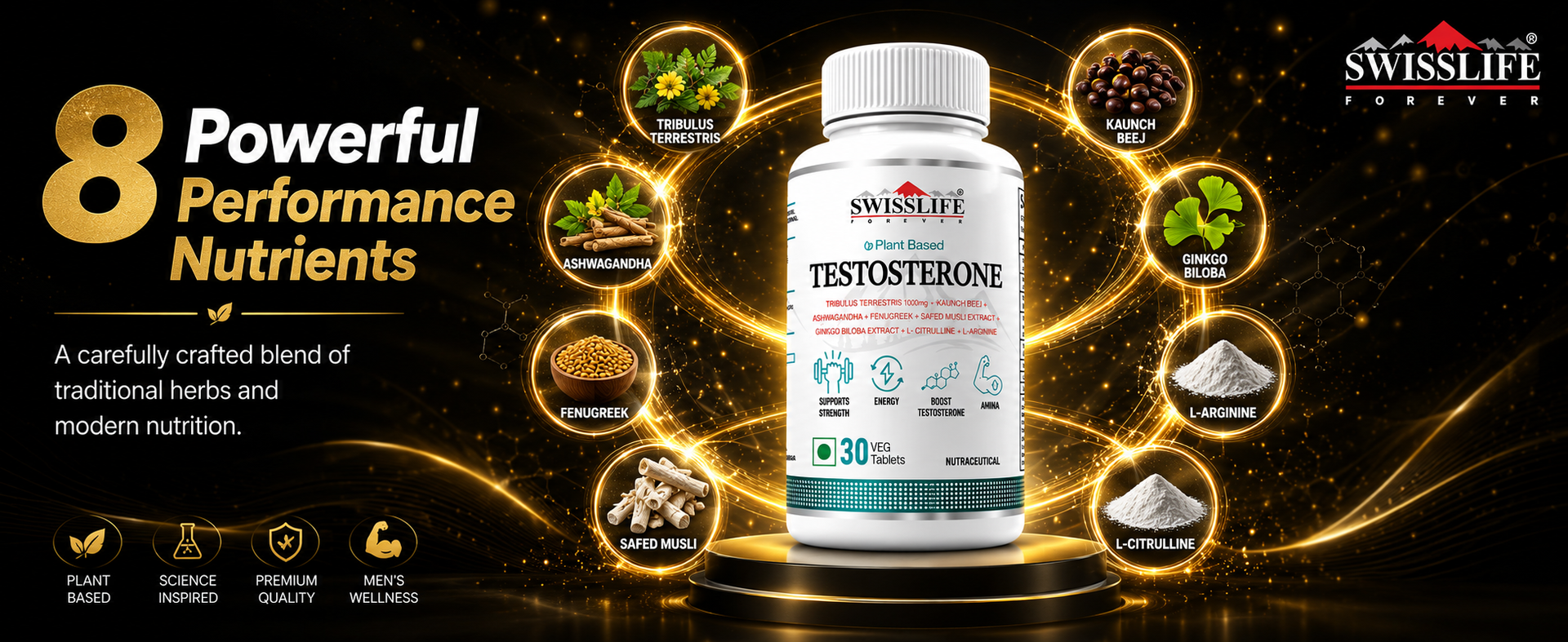 Swisslife Forever Testosterone Supplement for Men | Tribulus 1000mg, Ashwagandha, L-Arginine, L-Citrulline, Kaunch Beej | Natural Energy, Strength, Stamina & Performance Support | 30 Tablets | Plant-Based Formula
