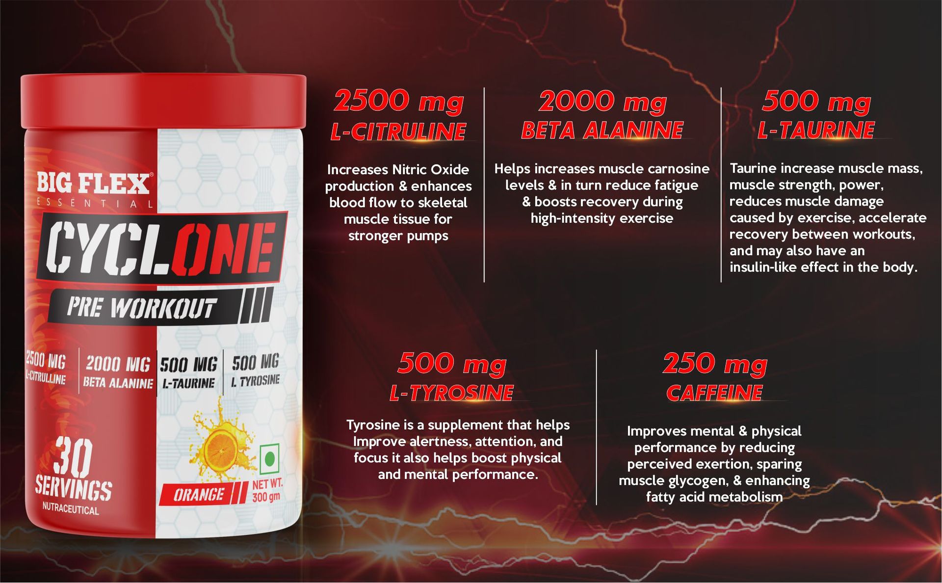 Bigflex Essential Cyclone Pre Workout Powder with L-Citruline, Beta Alanine, Taurine, Caffeine for Energy, Endurance, Strength and Focus, Green Apple and Orange Flavor, 300g, 30 Servings