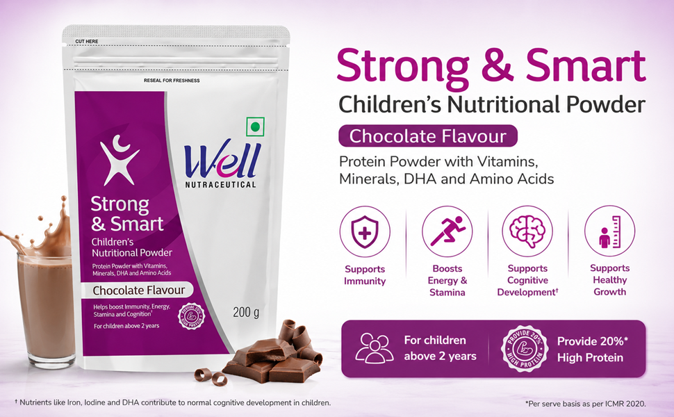 Well Nutraceutical Strong & Smart Children's Nutritional Powder, Chocolate Flavour, with DHA, FOS, Milk Protein, Vitamins & Minerals, 200 g (PACK OF 1)
