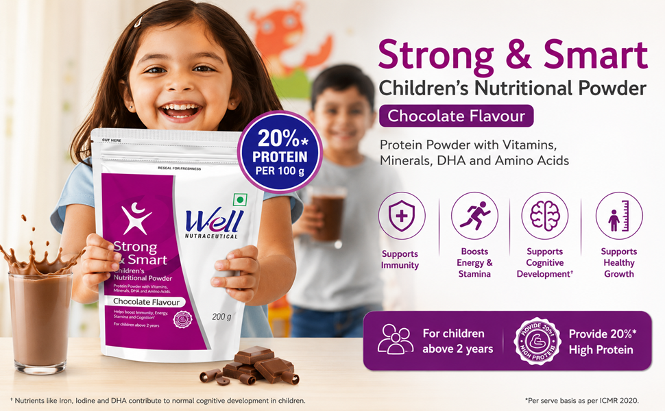 Well Nutraceutical Strong & Smart Children's Nutritional Powder, Chocolate Flavour, with DHA, FOS, Milk Protein, Vitamins & Minerals, 200 g (PACK OF 1)