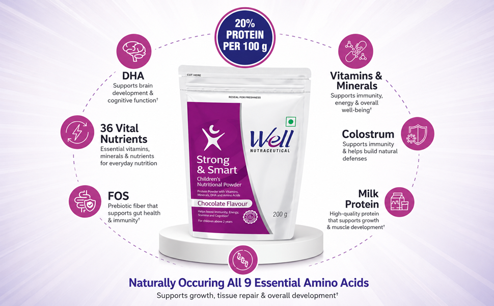 Well Nutraceutical Strong & Smart Children's Nutritional Powder, Chocolate Flavour, with DHA, FOS, Milk Protein, Vitamins & Minerals, 200 g (PACK OF 1)