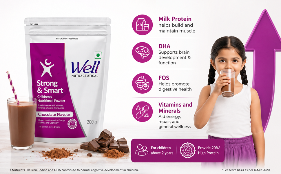 Well Nutraceutical Strong & Smart Children's Nutritional Powder, Chocolate Flavour, with DHA, FOS, Milk Protein, Vitamins & Minerals, 200 g (PACK OF 1)