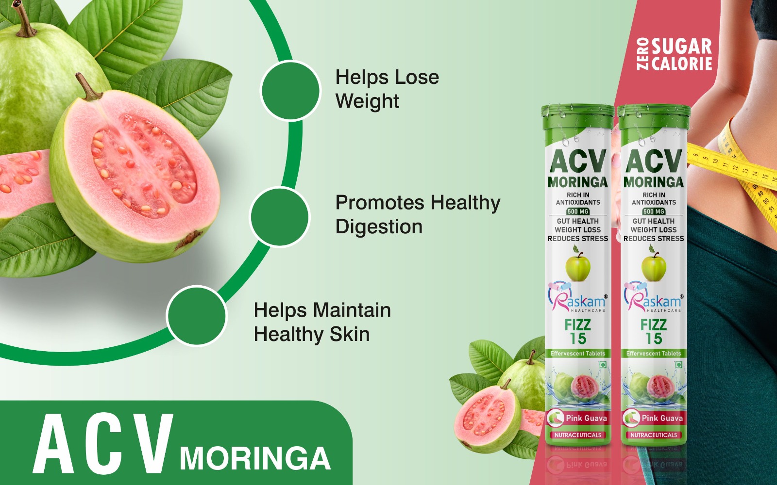 Apple Cider Vinegar (ACV) Moringa Effervescent Tablets 500mg – Guava Flavor, No Added Sugar, Antioxidant Immunity & Appetite Support – 15 Fizz Tabs (Pack of 8)
