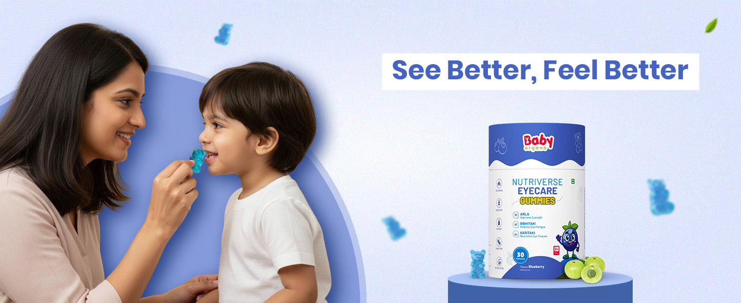 BabyOrgano Eye Care Gummies for Kids 2+ Years | Carrot, Flaxseed, Bilva & Amla | Screen Time Eye Health Support | Gelatin Free Gluten Free | FSSAI Approved | Blueberry Flavour | 30 Gummies