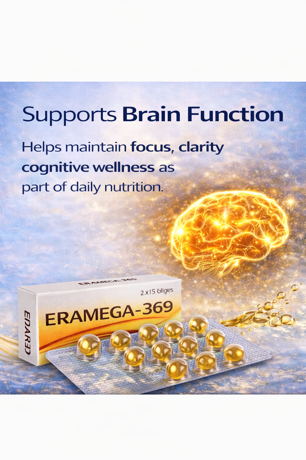 ERAAS Eramega 369 Omega 3 High Strength Pure Fish oil for Heart, Brain & Joints Fish Oil 300 mg Omega 3 200mg Omega 6 100 mg Omega 9 with EPA & DHA | Pack of 30 Softgel Capsules