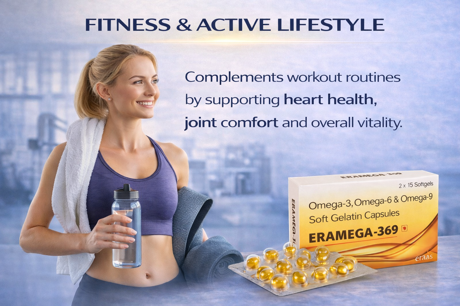 ERAAS Eramega 369 Omega 3 High Strength Pure Fish oil for Heart, Brain & Joints Fish Oil 300 mg Omega 3 200mg Omega 6 100 mg Omega 9 with EPA & DHA | Pack of 30 Softgel Capsules