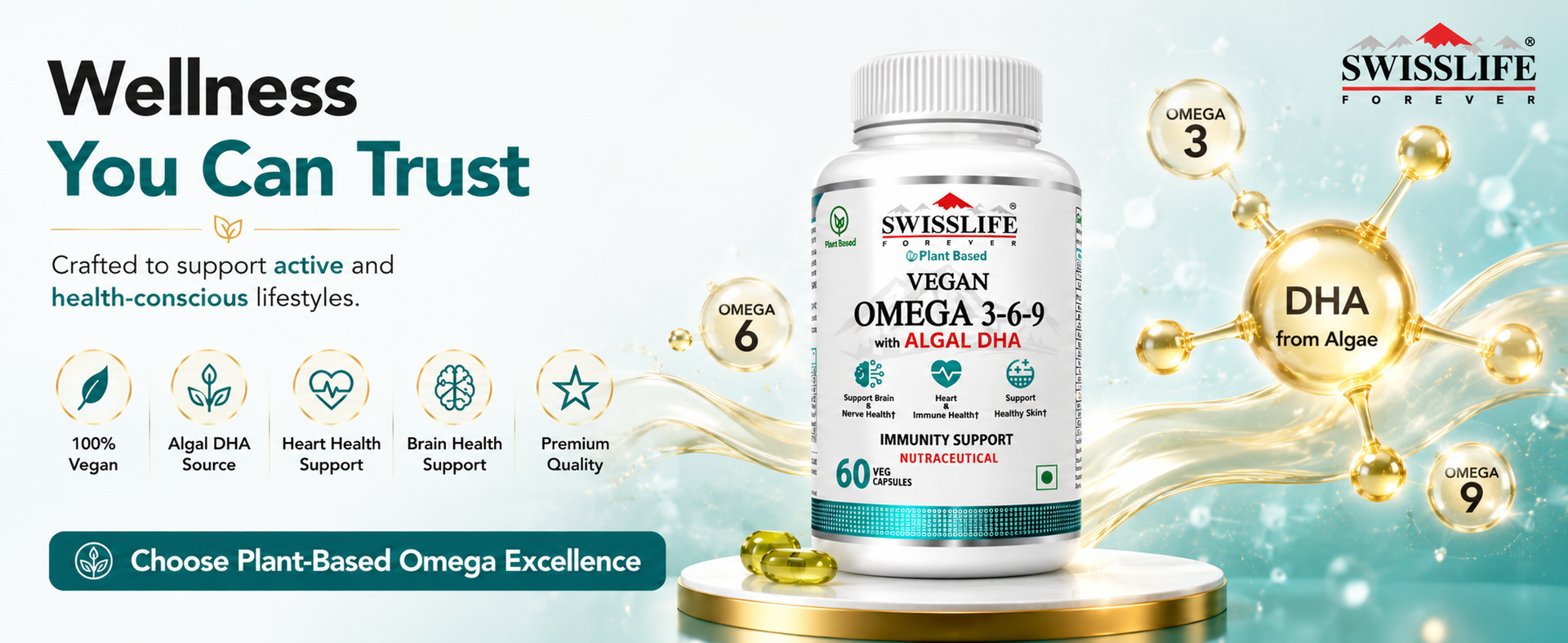 Swisslife Forever Omega 3-6-9 Vegan Supplement | Plant-Based Algal Oil | Supports Heart, Brain, Eye, Skin, Hair, Muscle & Bone Health | Natural Nutrition for Men & Women | 60 Veg Capsules (Pack of 2)