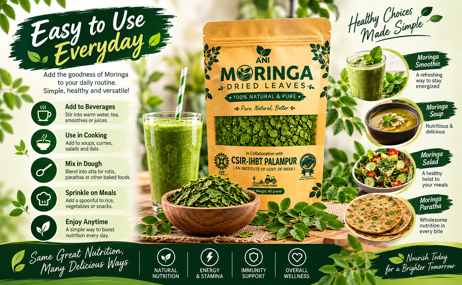 ANI Natural Moringa Dried Leaves 40g | Natural Herbal Leaf – Energy, Detox & Wellness Support | In Association with CSIR -IHBT, Palampur (An Institute of Govt. of India)