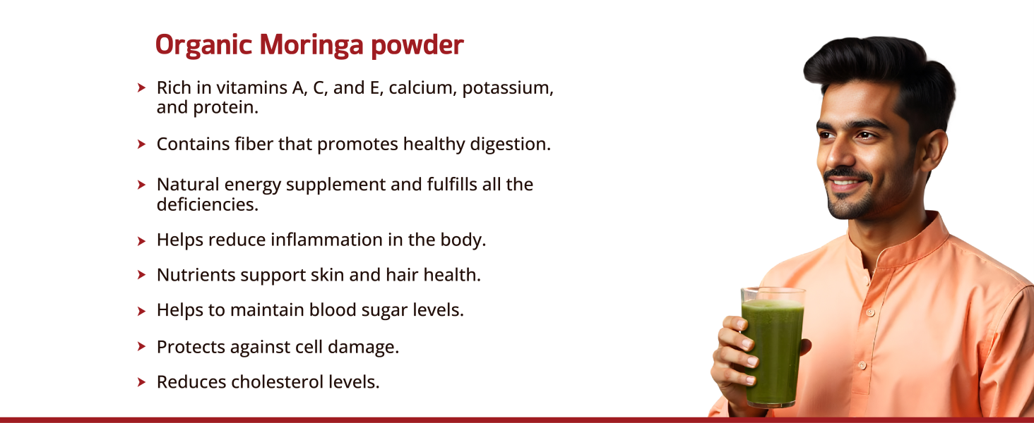 Organic Moringa Powder, 100% Natural, Helps in Weight Loss, Reduces Bad Cholesterol, Rich in Vitamins, Minerals & Antioxidants, 50gms