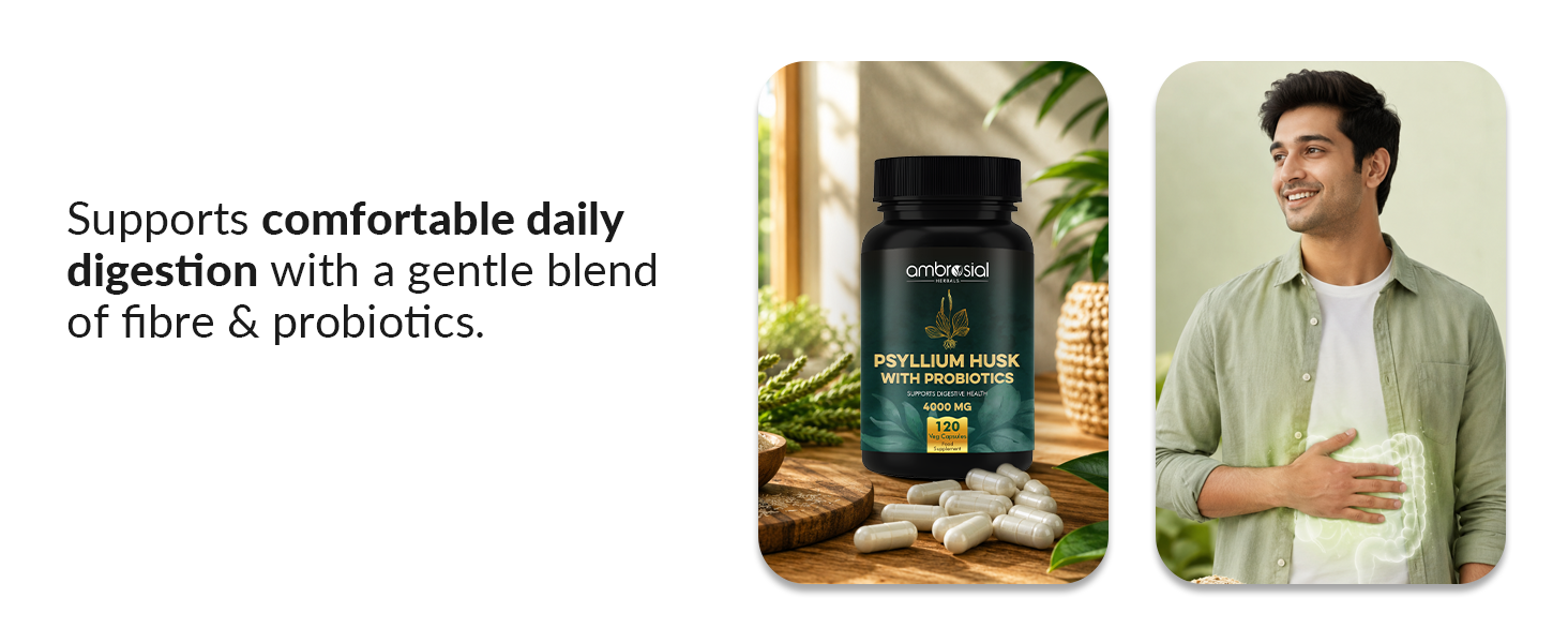 Ambrosial Psyllium Husk Capsules - 4000 MG with Probiotics: Detoxify and Revitalize Your Digestive System with Natural Fiber Support - 120 Vegan Capsules