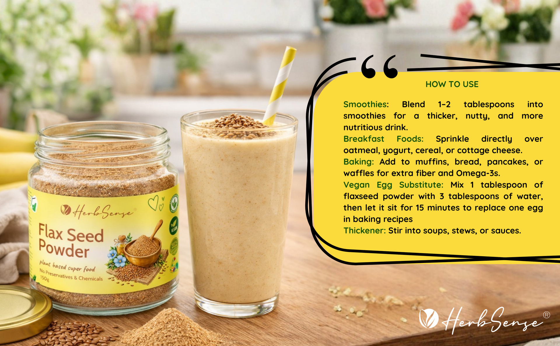 Herbsense Flaxseed Powder | Finely Milled Ground Flax Meal for Baking & Smoothies | Natural Edible Seed Powder for Cooking, Hair & Skin Care | Roasted Flax seed Powder | 150 g